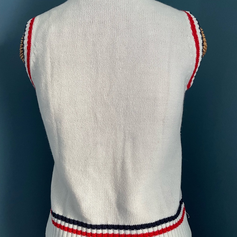 Cable Knit Preppy Vest Button Front Red White Blue B-Neck - Picture 5 of 8